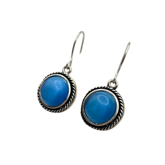 Pierced Earrings Blue Cat’s Eye Cabochon Round Rope Bezel Silver Tone Retro - Picture 3 of 10